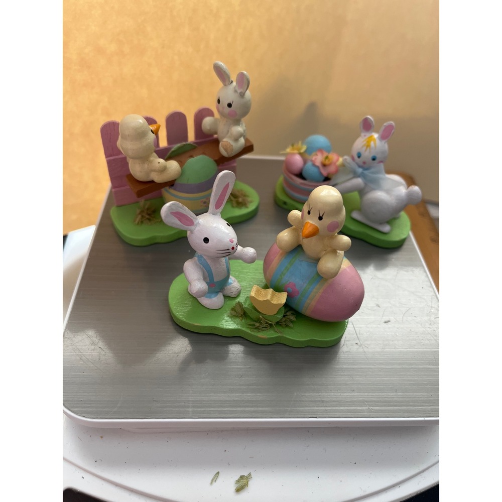 Vintage Style Easter Figurine Set Bunnies and Chicks Spring Decor 3 Piece